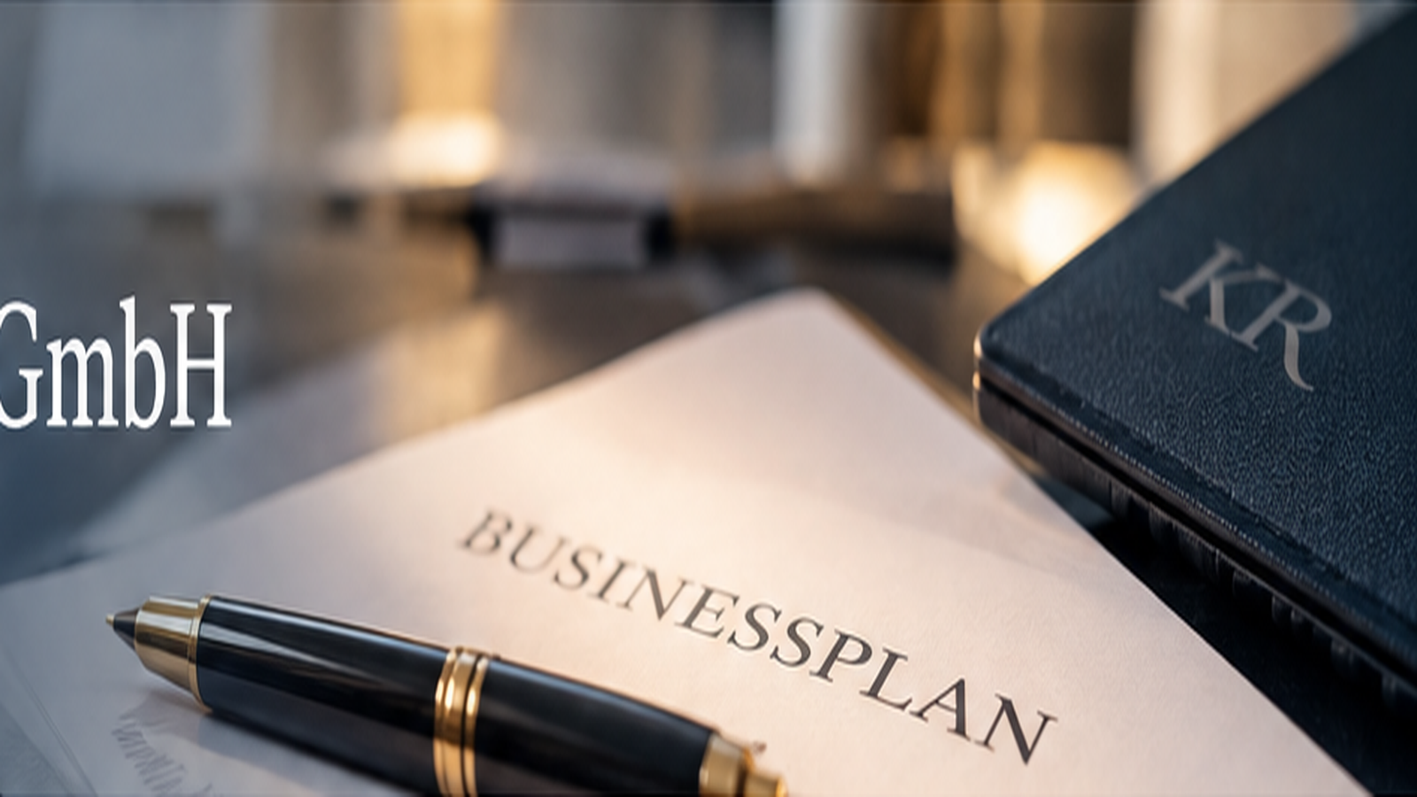 Businessplan, Finanzunterlagen und Stift auf einem Schreibtisch