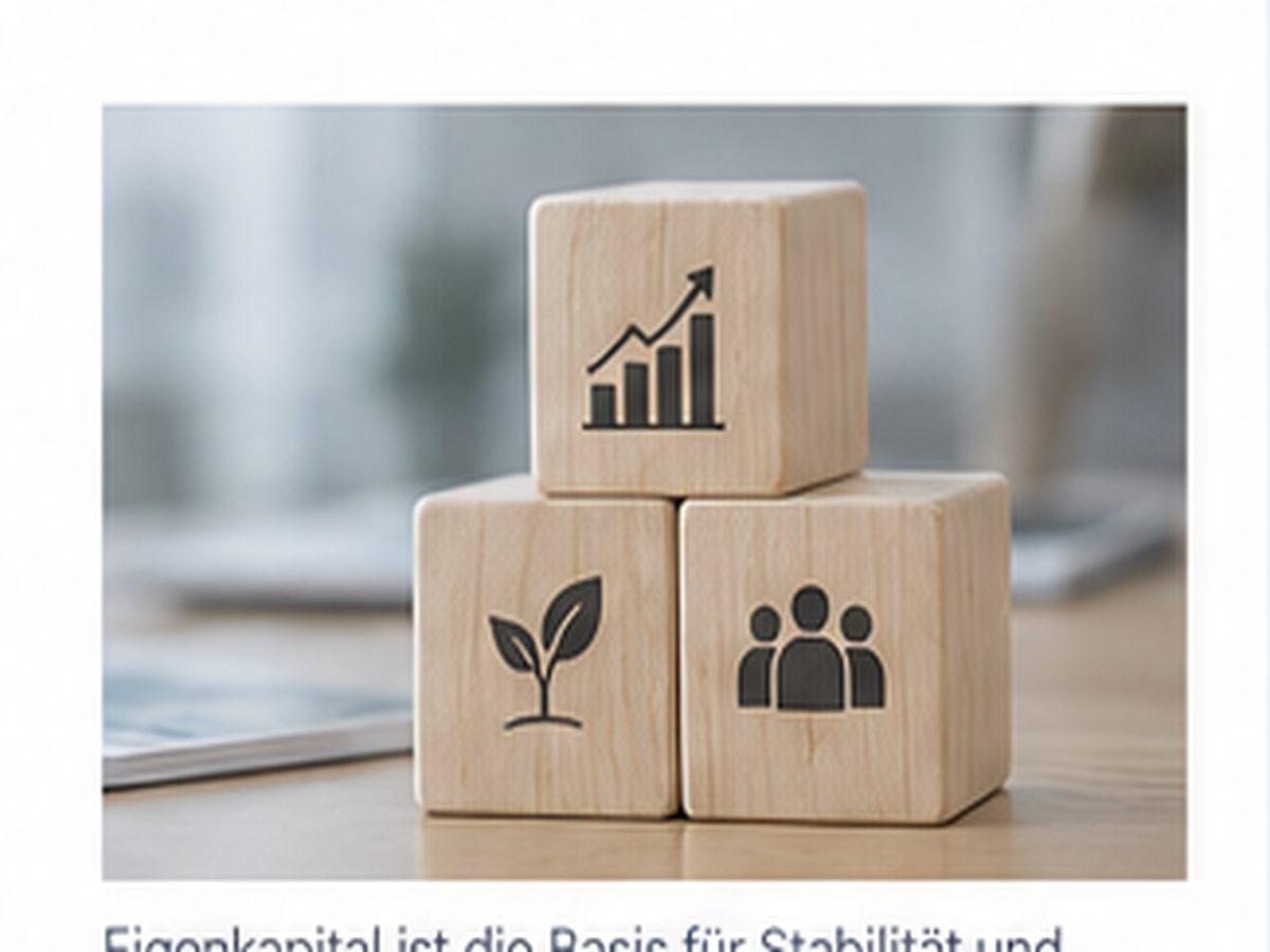Holzwürfel mit Symbolen für Wachstum, Unternehmen und Kapitalstruktur