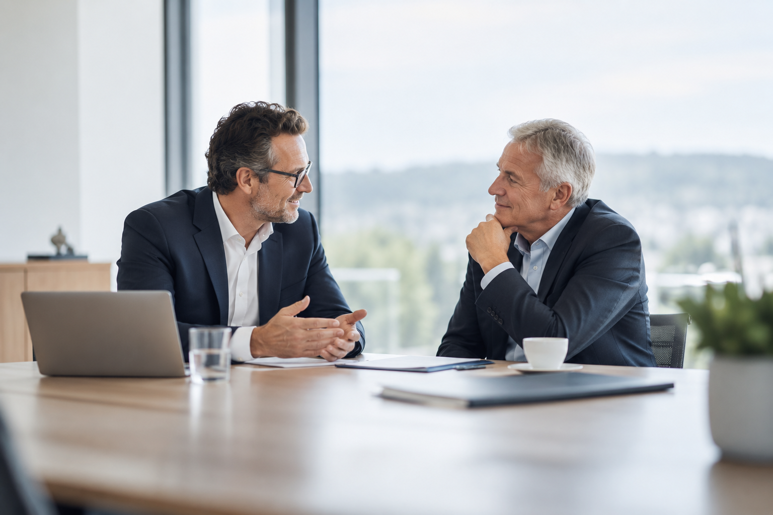 Zwei Unternehmer im vertraulichen Gespräch an einem Besprechungstisch