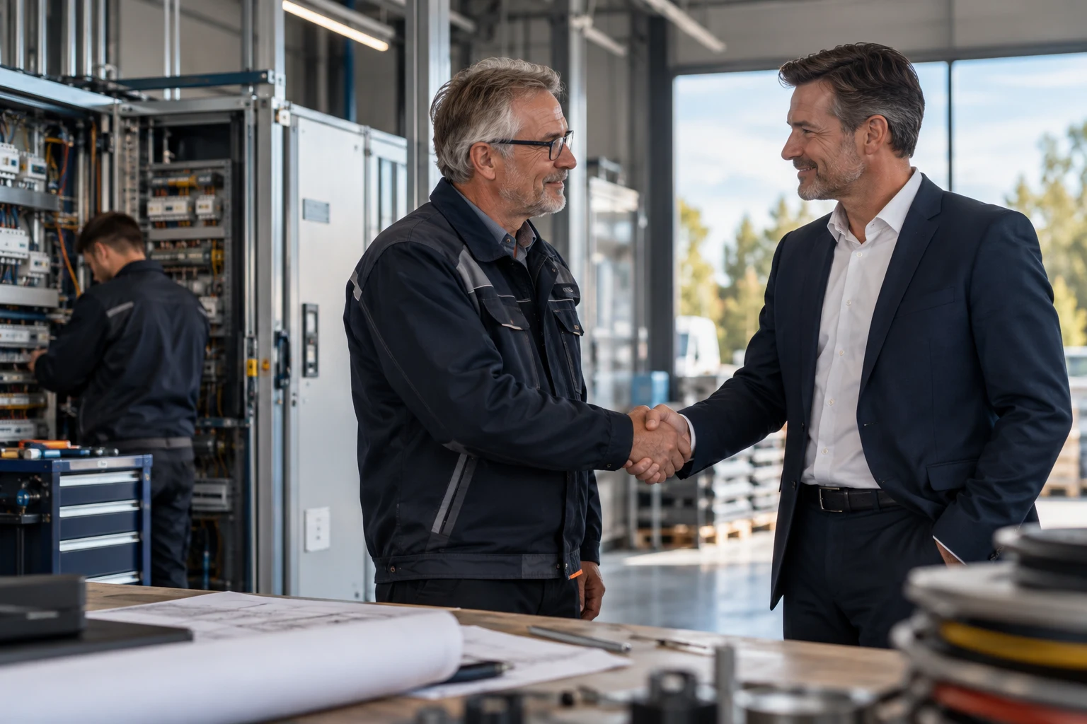 Symbolische Übergabesituation in einem elektrotechnischen Betrieb